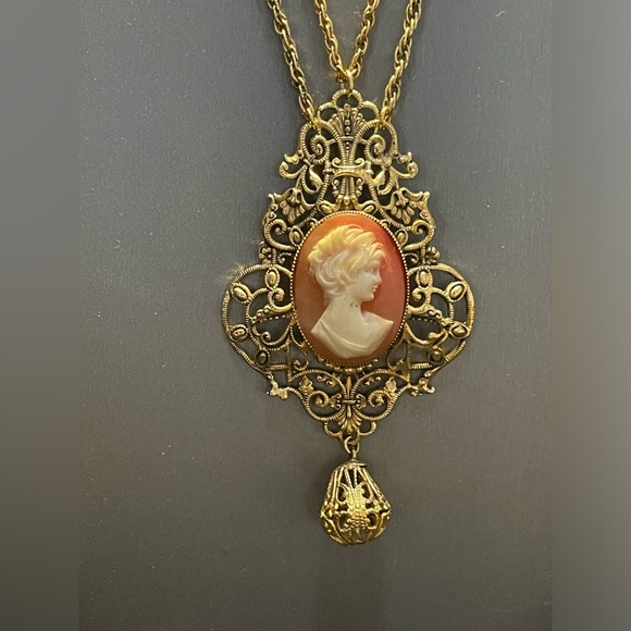Estate Jewelry - Large Vintage Filigree Cameo Pendant On Double 20” Chains Victorian Revival